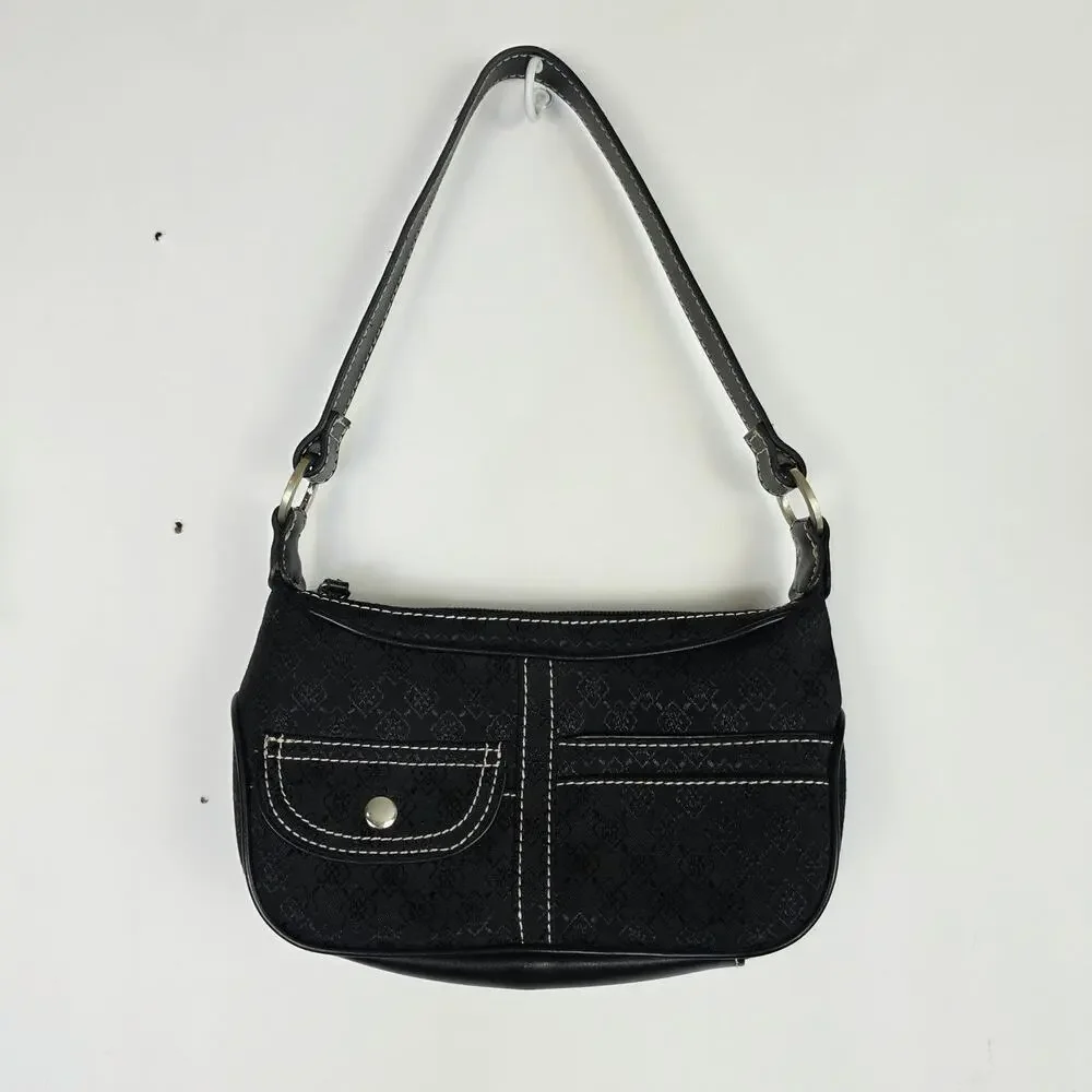 Villager Liz Clairborne Shoulder Bag Small Black Monogram Jacquard Pocket Y2K